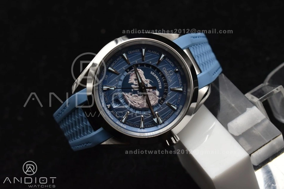 A8938 VSF Blue Summer Edition GMT Dial Best Blue Strap Clone Super 1:1 43mm Aqua Terra Worldtimer Rubber on 0101